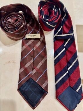 Burberry Brown Plaid Silk Tie w Blue and Cream Accents plus Red White & Navy Tie